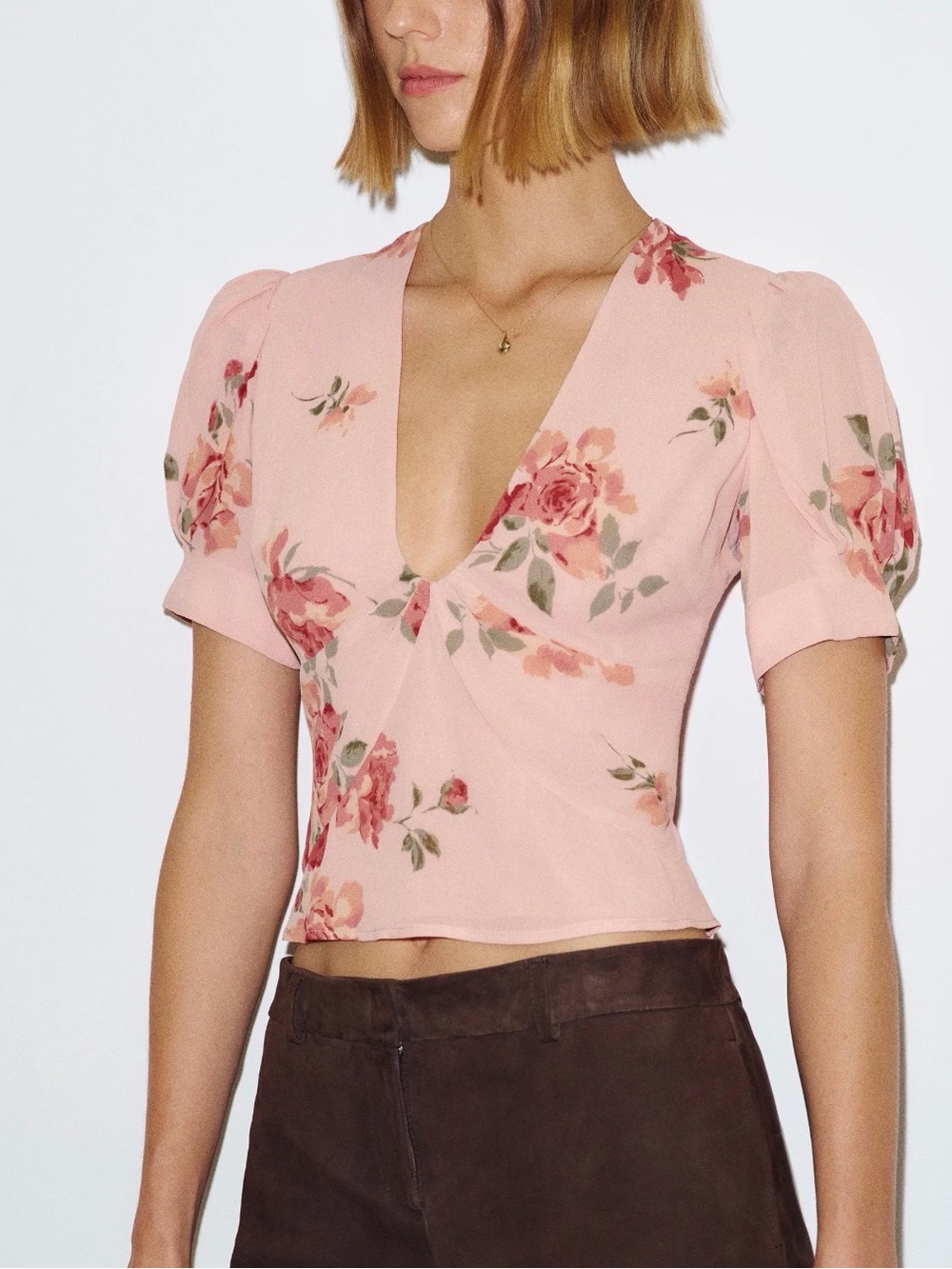 Reformation Pink Floral V-Neck Puff Sleeve Crop Top